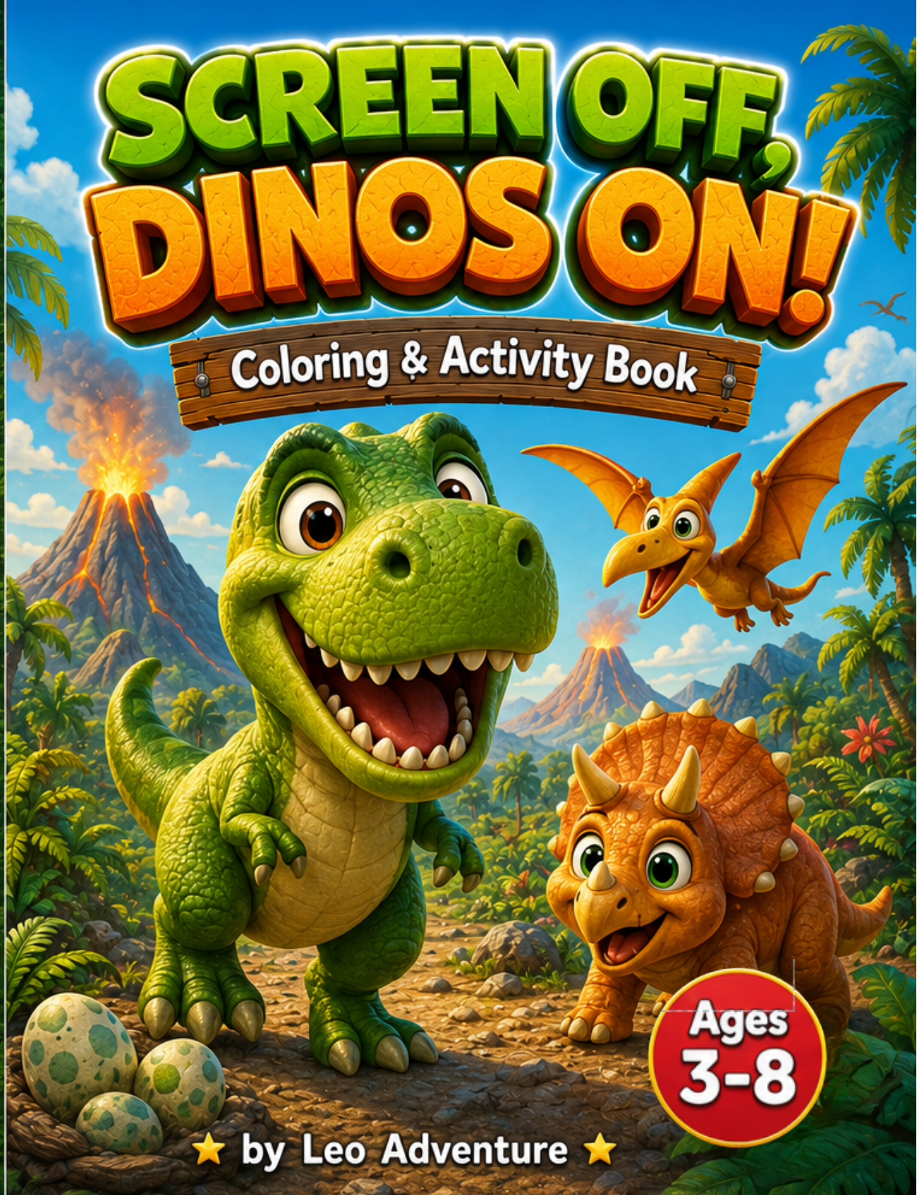 Screen Off, Dinos ON! cover â€” T-Rex and Triceratops