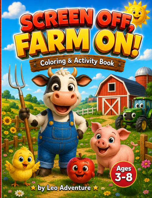 Screen Off, Farm ON! cover â€” cow, pig and barn