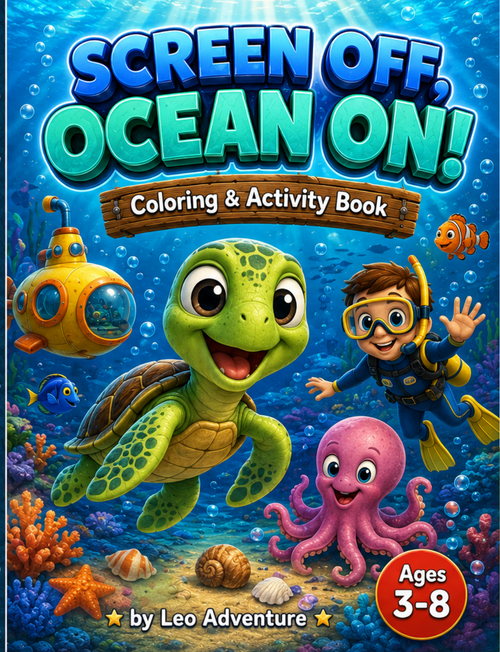 Screen Off, Ocean ON! cover â€” sea turtle and diver