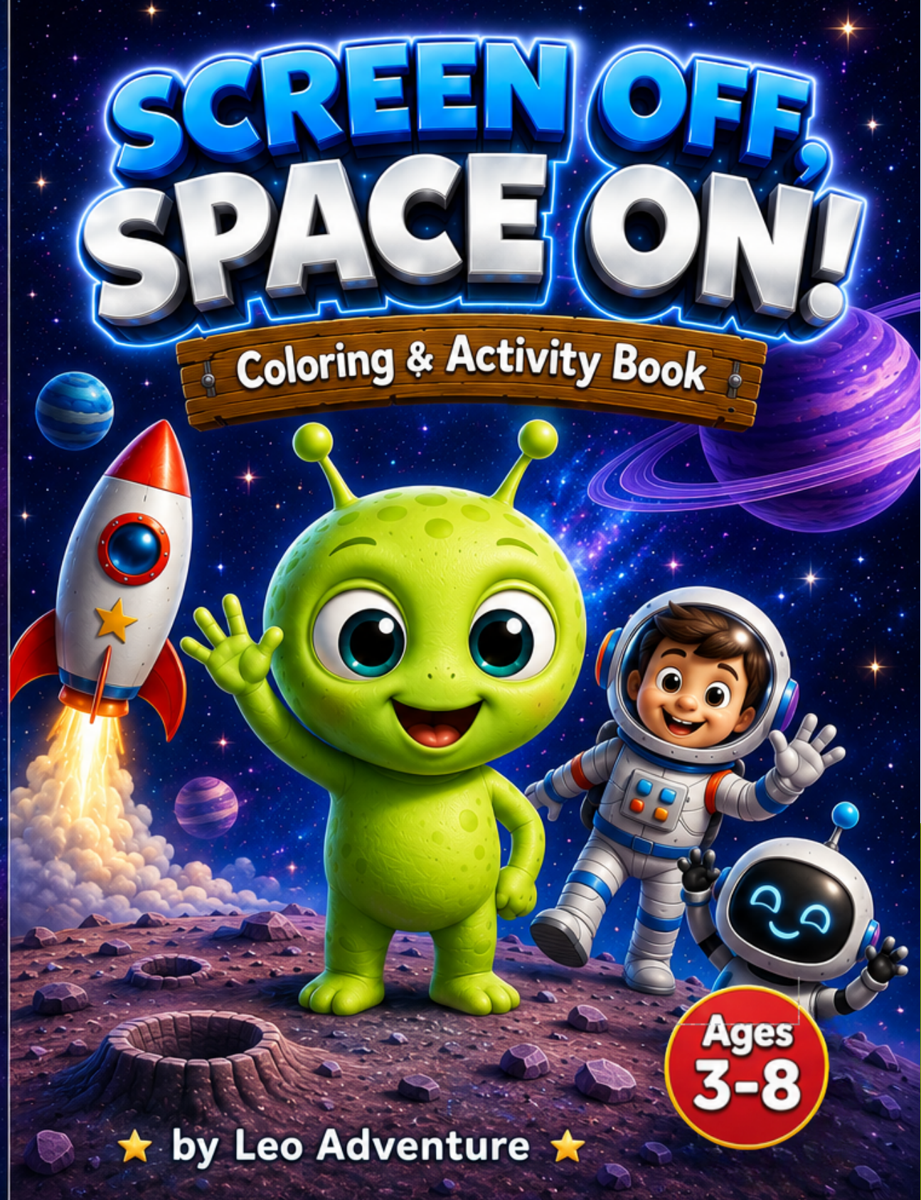 Screen Off, Space ON! cover â€” friendly alien and astronaut