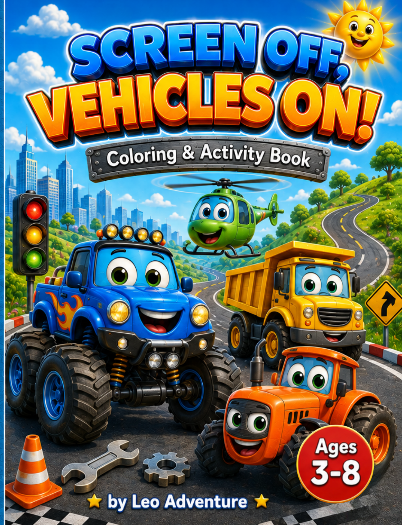 Screen Off, Vehicles ON! cover â€” monster truck and tractor